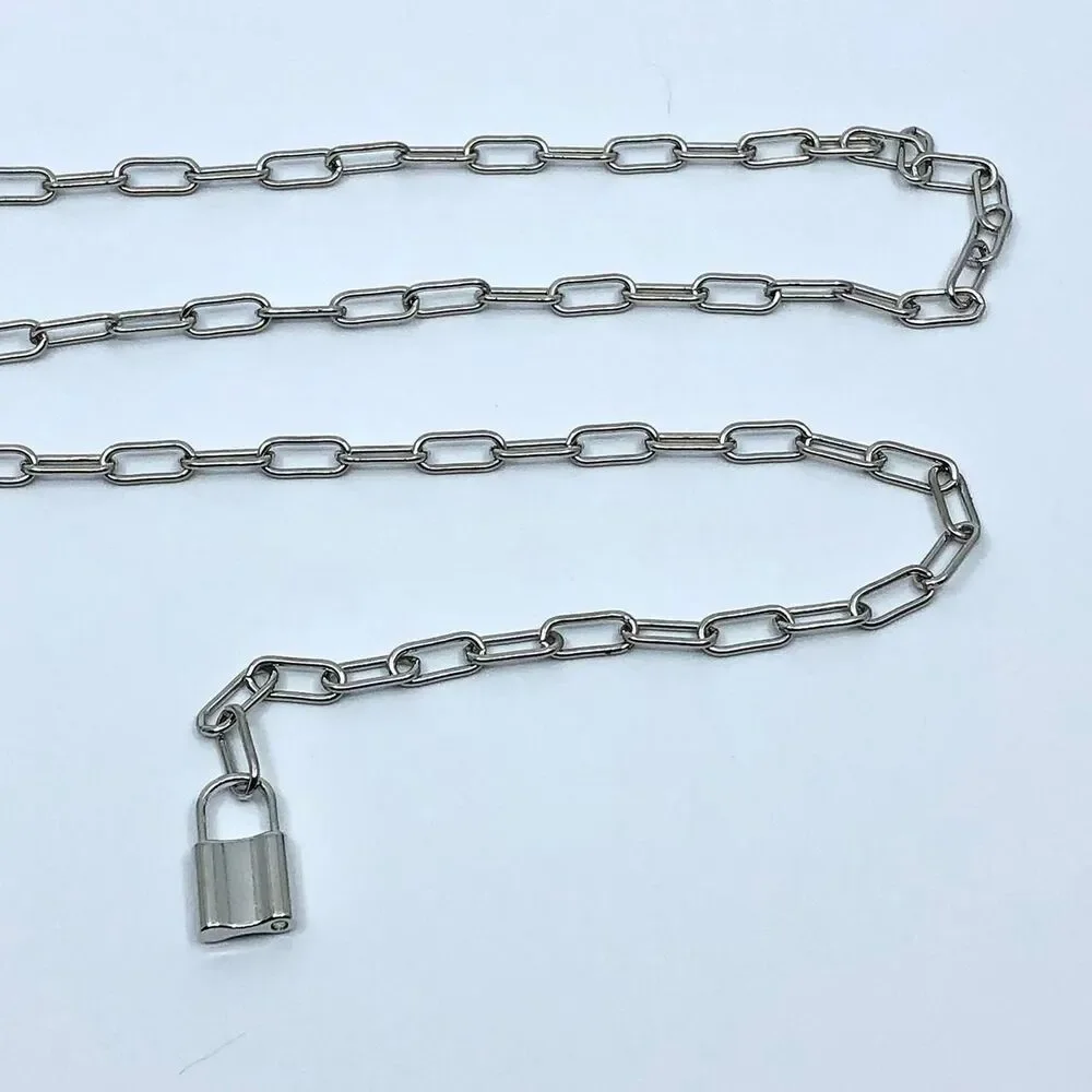 Vintage Y2K Cyberpunk Silver Padlock Chain Belt, Fits Up to 37 Inches, X7GA1226